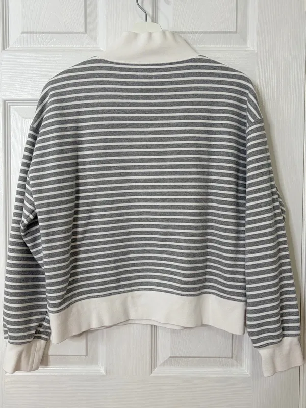 J.Crew Striped 1/4 Zip Sweatshirt Gray White Fleece Nautical Preppy Cozy Size M - Image 3