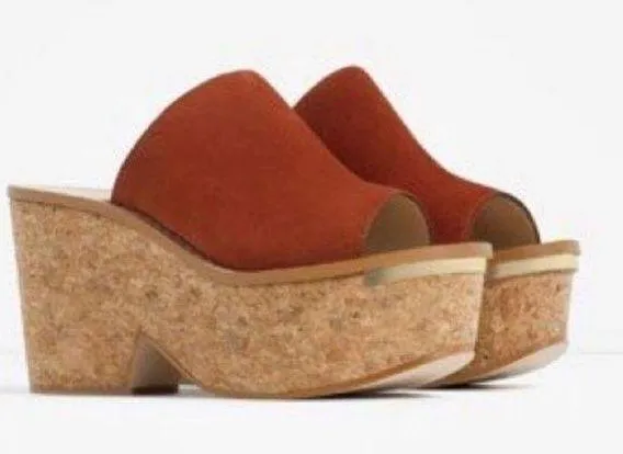 ZARA Burnt Orange Suede Platform Cork Sandals - Image 2