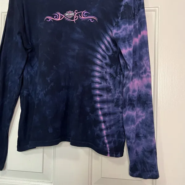 Vintage 2004 Harley Davidson Blue Tie Dye Long Sleeve Shirt X Large Made in USA - Image 2