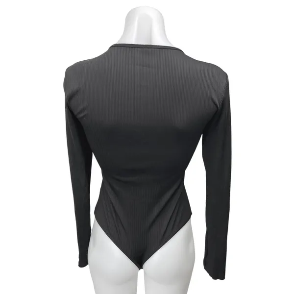 Free People Women's Black Rib Knit Scoop Neck Long Sleeve Bodysuit Top Size S - Image 2