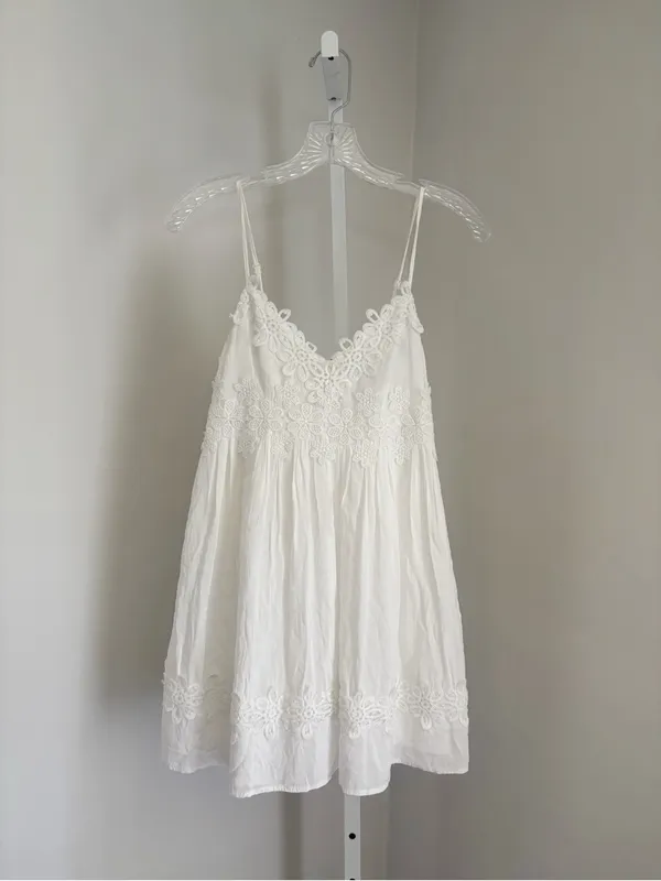 Topshop Babydoll Appliqué White Lace-Trim Slip Dress Adjustable Straps Sz SP - Image 4