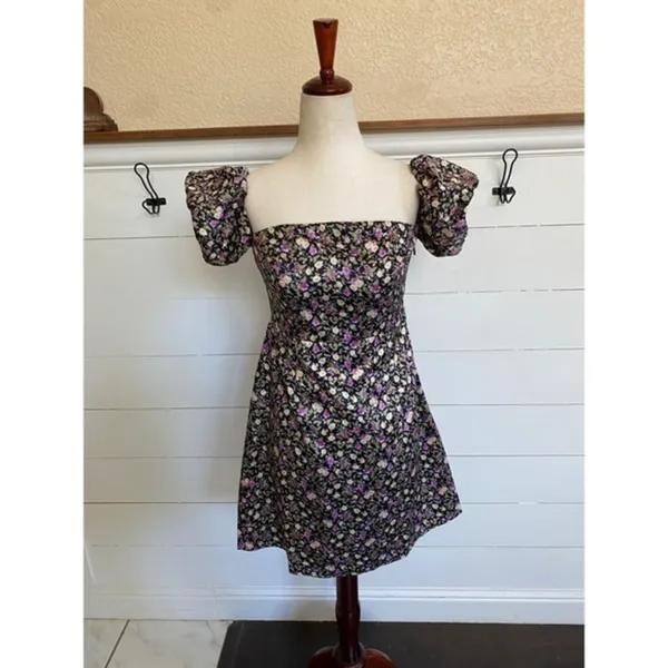 Pomelo Floral Puff Sleeve Mini Dress Black‎ Purple Square Neck Smocked Back M - Image 2