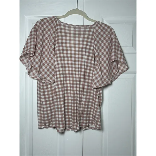 Loft Gingham Flutter Sleeve Top Womens Size L‎ Mauve White Tie Neck Rayon Blouse - Image 4