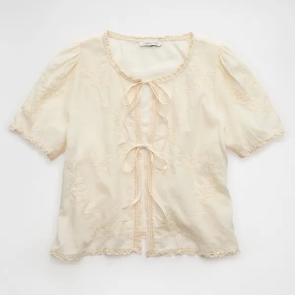 American Eagle Short-Sleeve High Neck Tie Front Shirt - Image 4