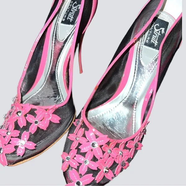 Stuart Couture gorgeous unique pink patten leather heels with black mesh… - Image 9
