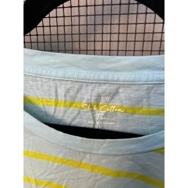 J.CREW T-Shirt Women Size Large Blue/Yellow Stripe Slub Cotton Tee Casual Basic - Image 2