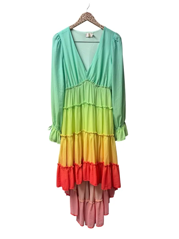 Champagne & Strawberry Multicolor Gradient High Low Long Sleeve Midi Dress Large - Image 4