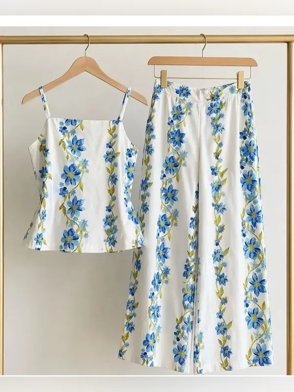 HYFVE Blue Floral Cotton Two-Piece Set | Cami Tank & Wide Leg Pants | Size S - Image 2