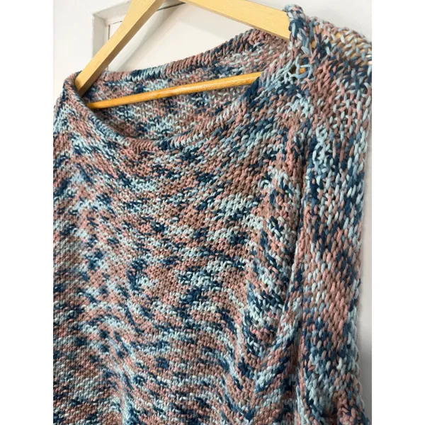 Handmade Chunky Knit Boat Neck Sweater Blue Pink Marled Bell Sleeve Pullover - Image 6