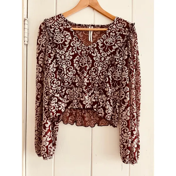 By‎ Anthropologie Jacquard Peasant Blouse Women's Blouse Wine M Ruffle Peplum - Image 8