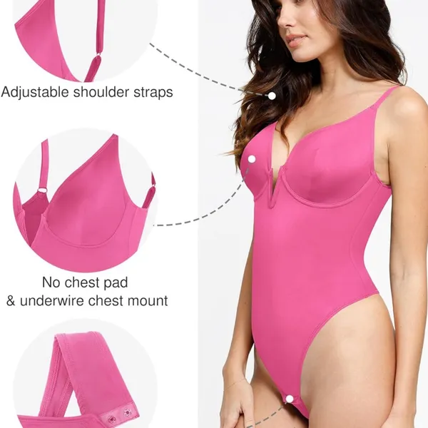 NWT Popilush Pink Shapewear Bodysuit‎ with Plunge Neckline Sz Small - Image 2