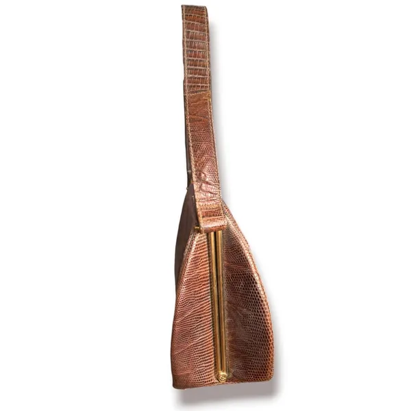 Vintage Brown Lizard Skin Print Frame Handbag Mid Century Exotic Top Handle - Image 2