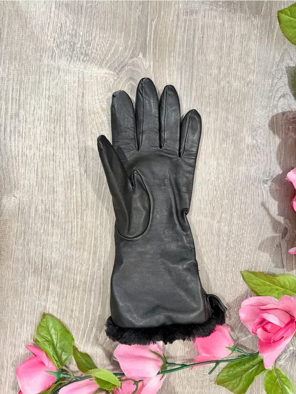 Fownes Vintage Black Leather Faux Fur Trim Long Gauntlet Gloves XL Quiet Luxury - Image 5