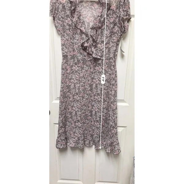 JBS Women Brown Pink Floral Ruffle V-Neck Sheer Mini Dress Size 10 NWT - Image 9