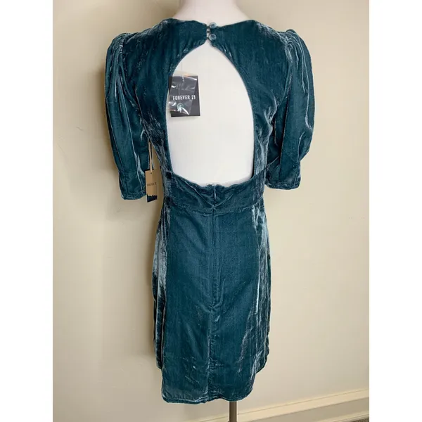 Forever 21 Velour Open Back Mini Dress Sz Medium Teal Boho Glam Cocktail - Image 3
