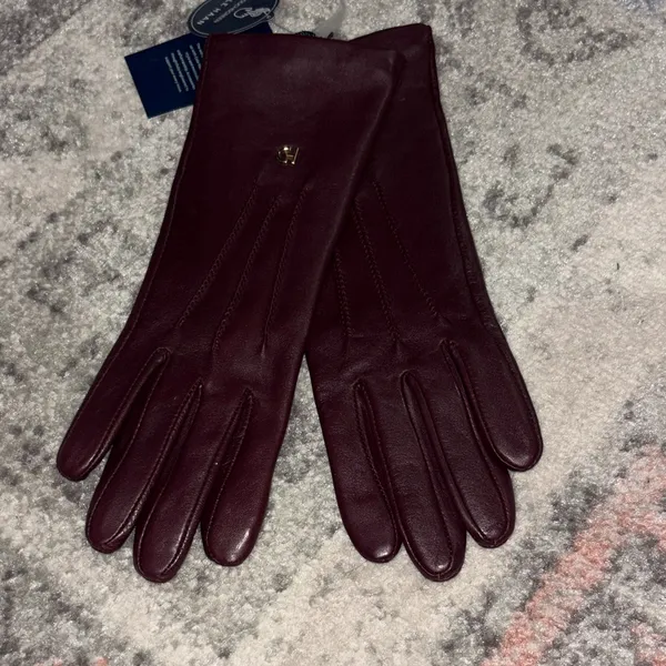 Cole Haan Women's Burgundy Leather Gloves with Gold Logo - Image 2