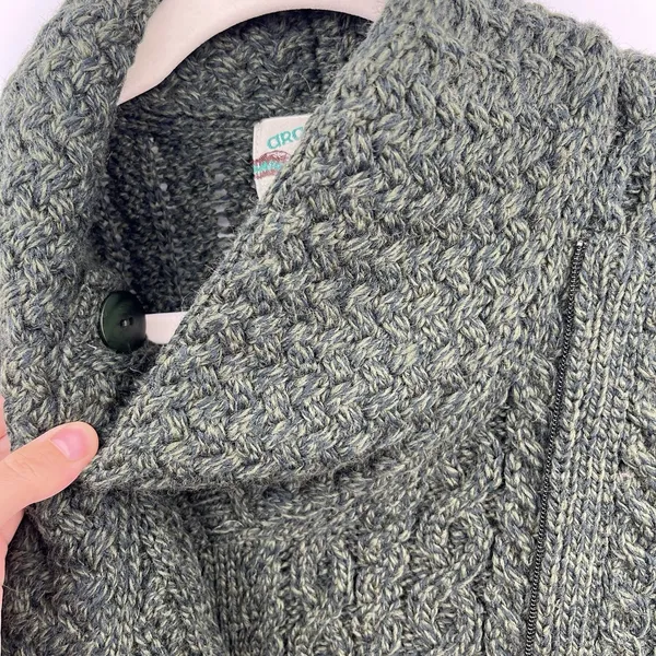 aran crafts sweater women Cable Knit XXS P Green 100 Merino Wool Fisher Chunky - Image 9