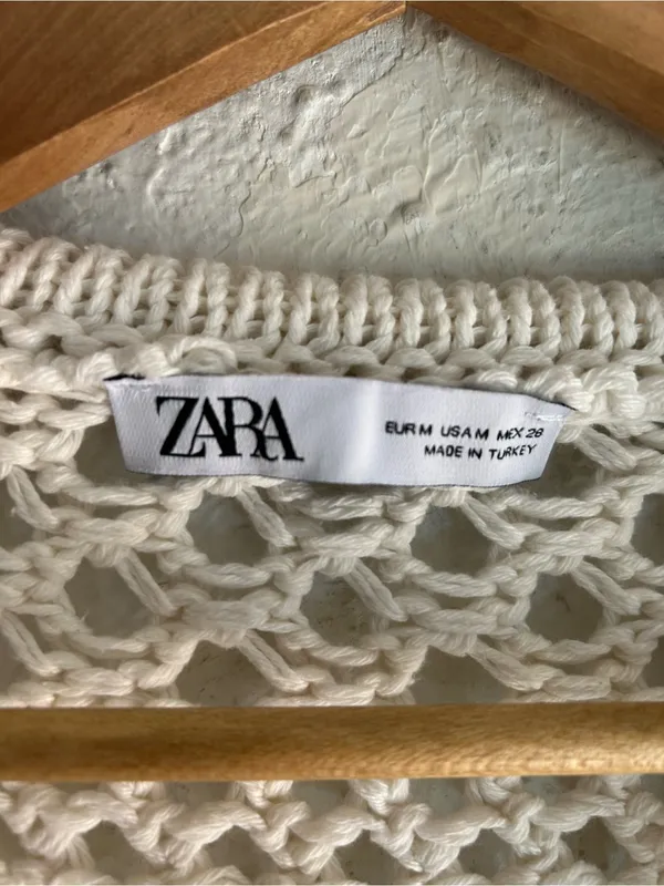 ZARA Cream Crochet Open Knit Fringe Hoodie Sweater Granola Gritty Boho Medium - Image 3