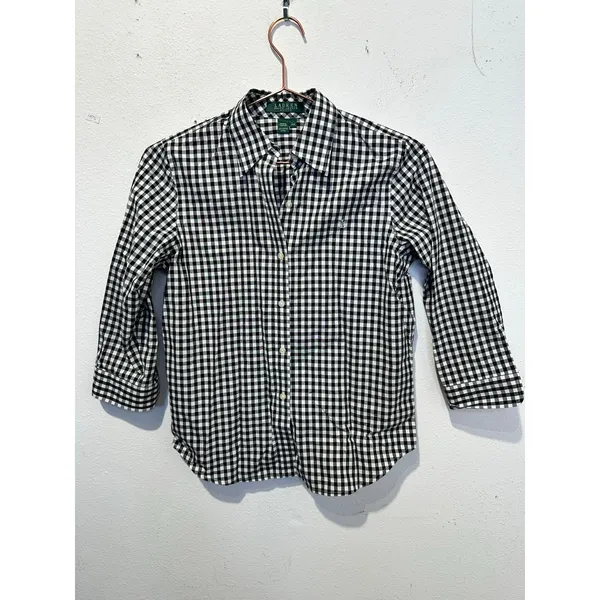 LAUREN RALPH LAUREN Black White Checkered Gingham 100% Cotton Button Up Shirt 0 - Image 2