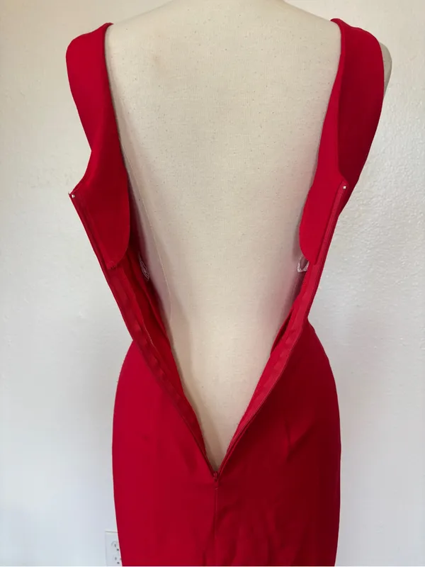 Vintage 80s Solid Red Fitted Full Length Cut Out Formal Dress Size 6 - Image 8