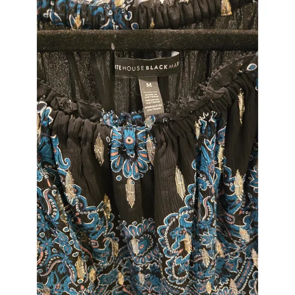 White House Black Market Womens M Blouse Royal Blue Paisley Metallic Boho - Image 3