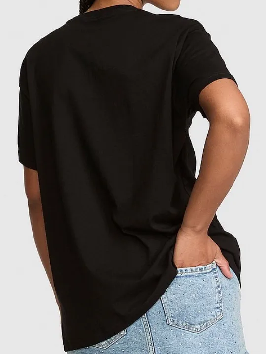 PINK Victoria's Secret Pure Black Bling Diamanté Logo Campus Short Sleeve Tee L - Image 3