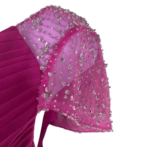 JJs House Hot Pink Formal Ballgown Dress Hi Low Beaded Cap‎ Sleeves Barbie Prom - Image 5