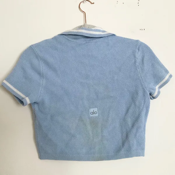 Alo Yoga Tennis Club Sweater Knit Cropped Polo Seashell Blue/White XS - Image 8