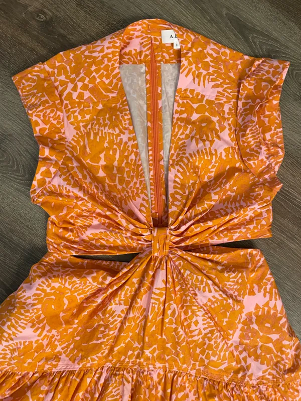A.L.C. Pink Orange Printed Gathered Cut-Out Women's Lexi Mini Dress Size 6 - Image 4