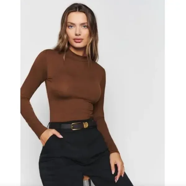 Reformation Bailey Long Sleeve Knit Top in Chestnut Brown - Image 2