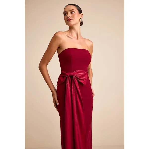 Lulus Marvelous Vision Red Strapless Bow Column Maxi Dress Formal Medium NWT - Image 2