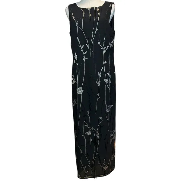 Casual Corner VTG Shift Dress Black Floral Sleeveless Maxi/Ankle SZ 12 Sheer - Image 2