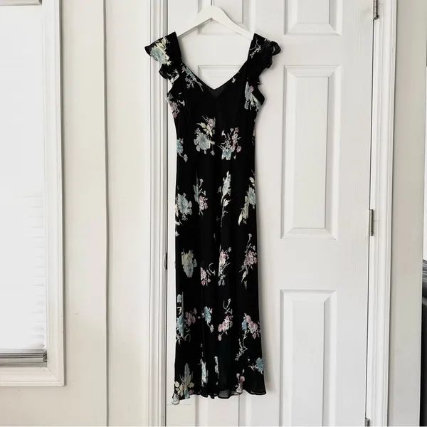Evan Picone Black Floral 90s V Neck Flutter Sleeve Midi Sun Dress 10P Lined - Image 2