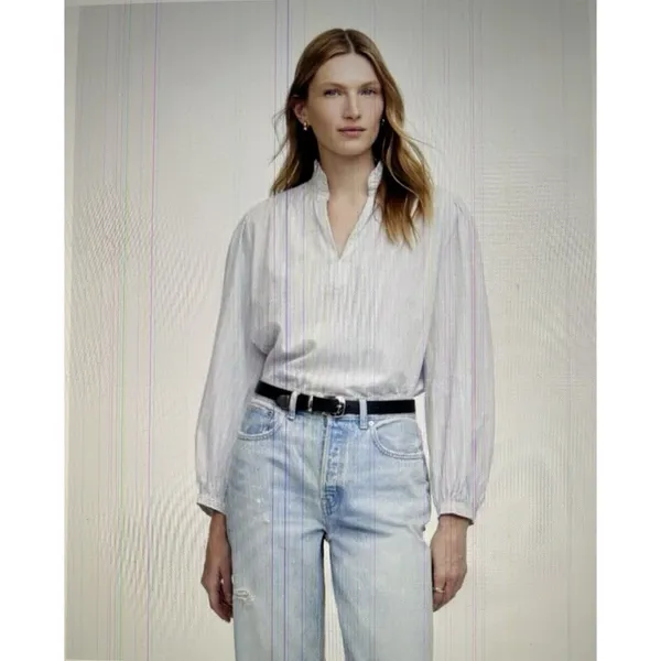 Madewell $98 Ruffled Popover Long Sleeve Top Stripe Blue Cotton Blouse Size M - Image 2