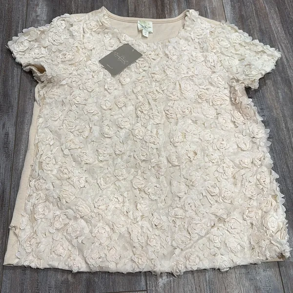 ANTHROPOLOGIE Textured Chiffon Rose Ivory Short Sleeve Top Small NEW - flawed - Image 2