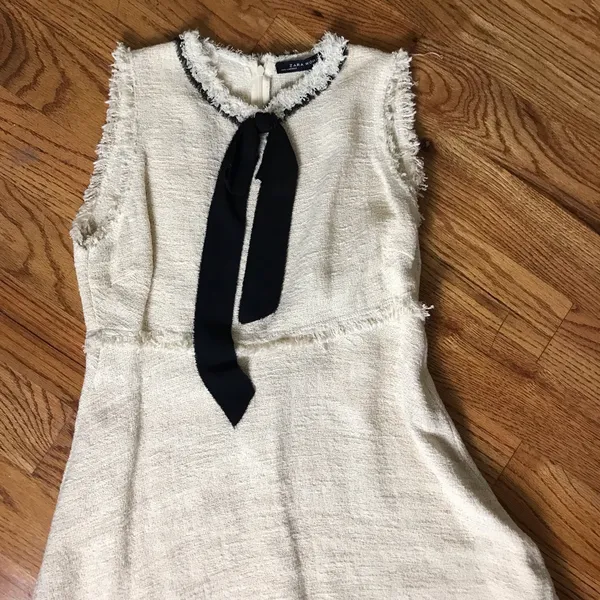 Zara Cream Tweed Sleeveless Dress with Black Bow - Image 2