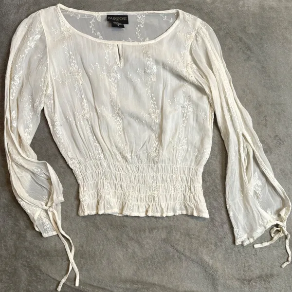 Women's Embroidered Smocked Top Size S Ethereal Fairycore Split Sleeve Sheer - Image 4