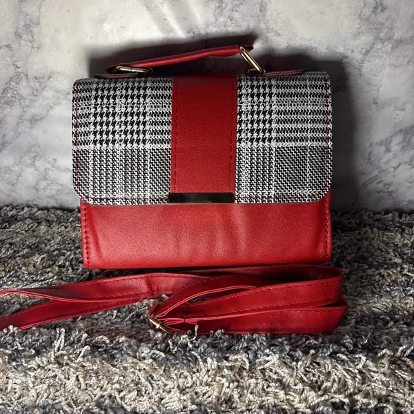 Red Plaid Crossbody Handbag with Adjustable Strap - Image 3