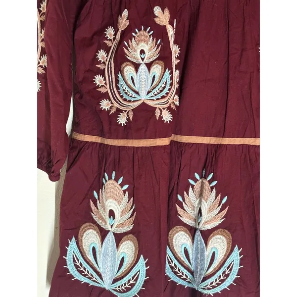 Letube Anthropologie Burgundy Embroidered Boho Mini Dress Long Sleeve Large NEW - Image 5