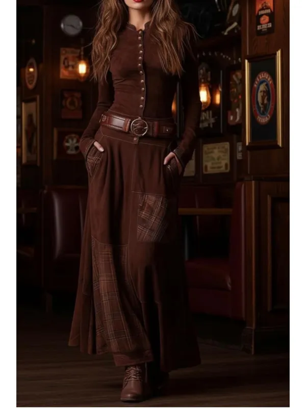 NEW Faux Suede Plaid Long Sleeve Button Dress Pockets NO BELT M - Image 2