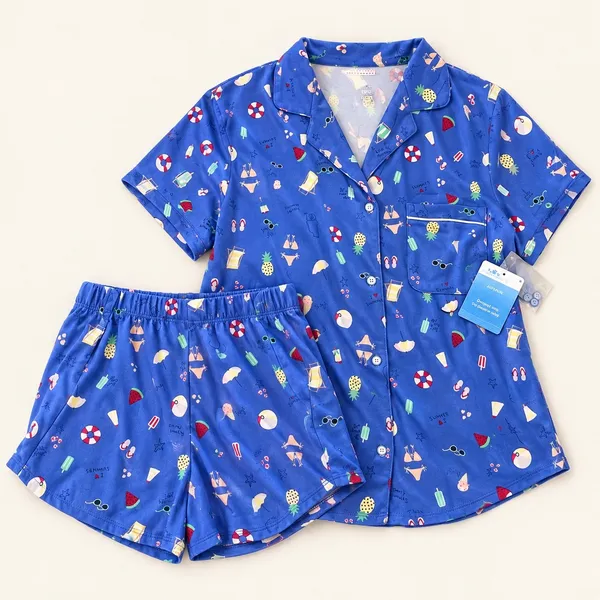 Way to Celebrate Summer Pajama Set XL 16-18 Blue Beach Print Short Sleeve Shorts - Image 4