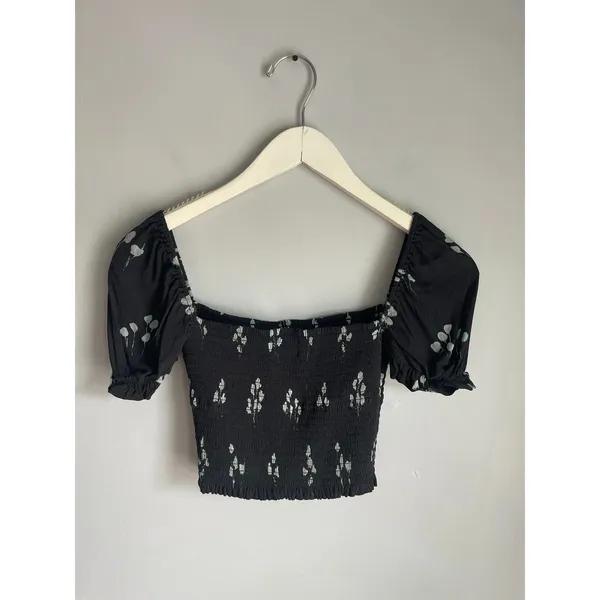 Wilfred Aritzia Black Floral Smocked Cottagecore Crop Top Bardot Women's XS‎ - Image 3