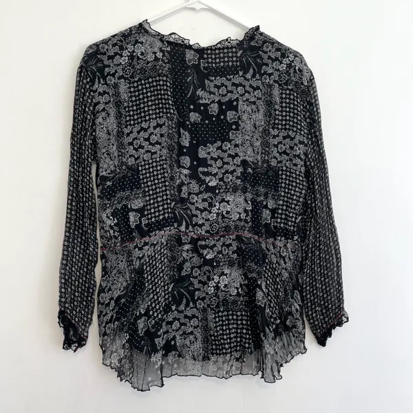 COLDWATER CREEK Black White Patchwork Floral Crinkle Button 3/4 Sleeve Blouse S - Image 12