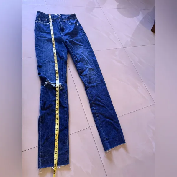 Pistola baggy jeans, dark denim, distressed high waist zip bottom size 23 - Image 10