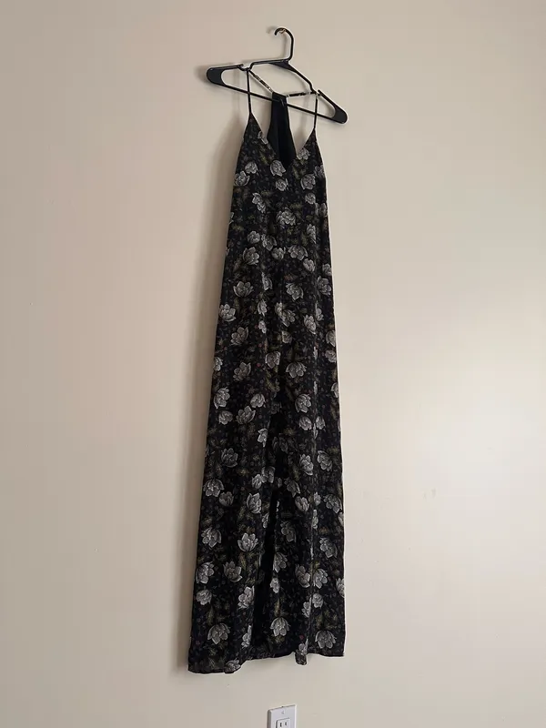 Smell the Roses Black Floral Racerback Slip Maxi Dress Slit Size S - Image 9