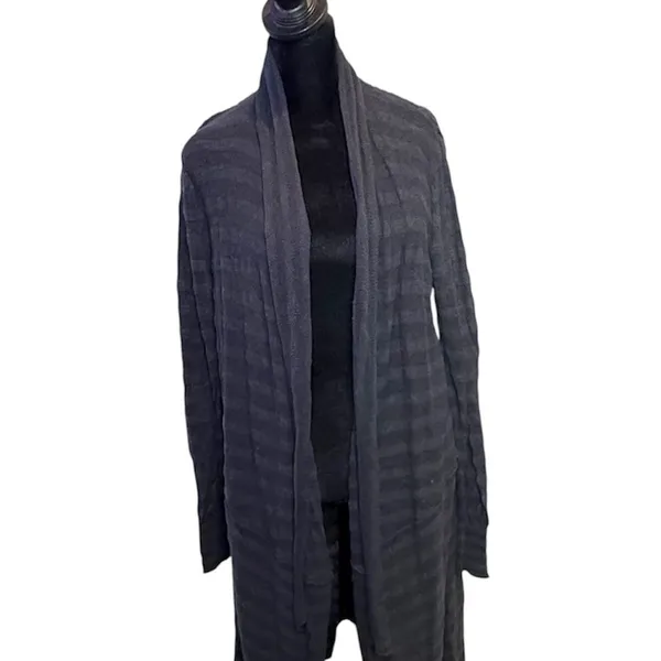 Free People Distressed Long Cardigan Womens S Black Striped Duster Open Front - Image 13