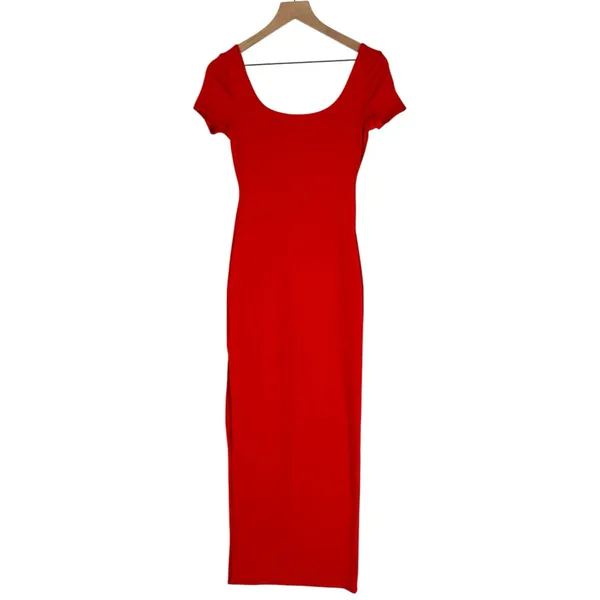 Haute Monde Red Stretch Ribbed Jersey Knit Side Slit Bodycon‎ Scoop Maxi Dress S - Image 2