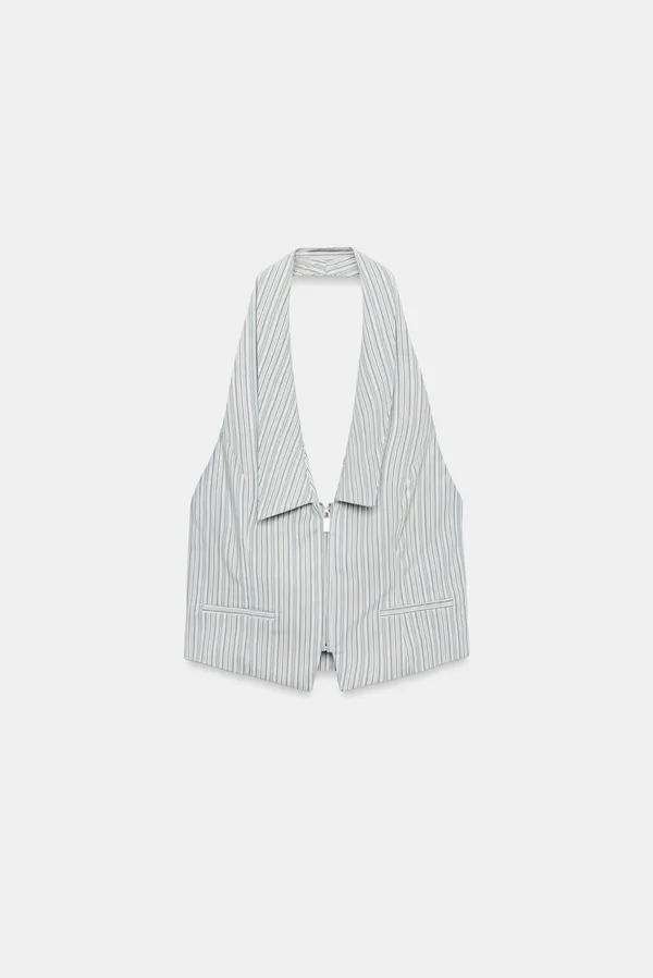 BNWT Zara Blue, Cream & Brown Striped Collared Vest Halter Top - Image 5