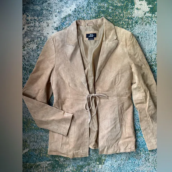 Y2K vintage Me Jane nude suede open front tie blazer, size large - Image 7