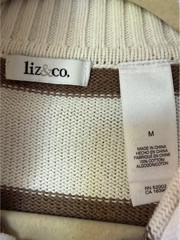 Liz & Co. Brown and White Striped Cotton Half-Zip Sweater, Size M - Image 3